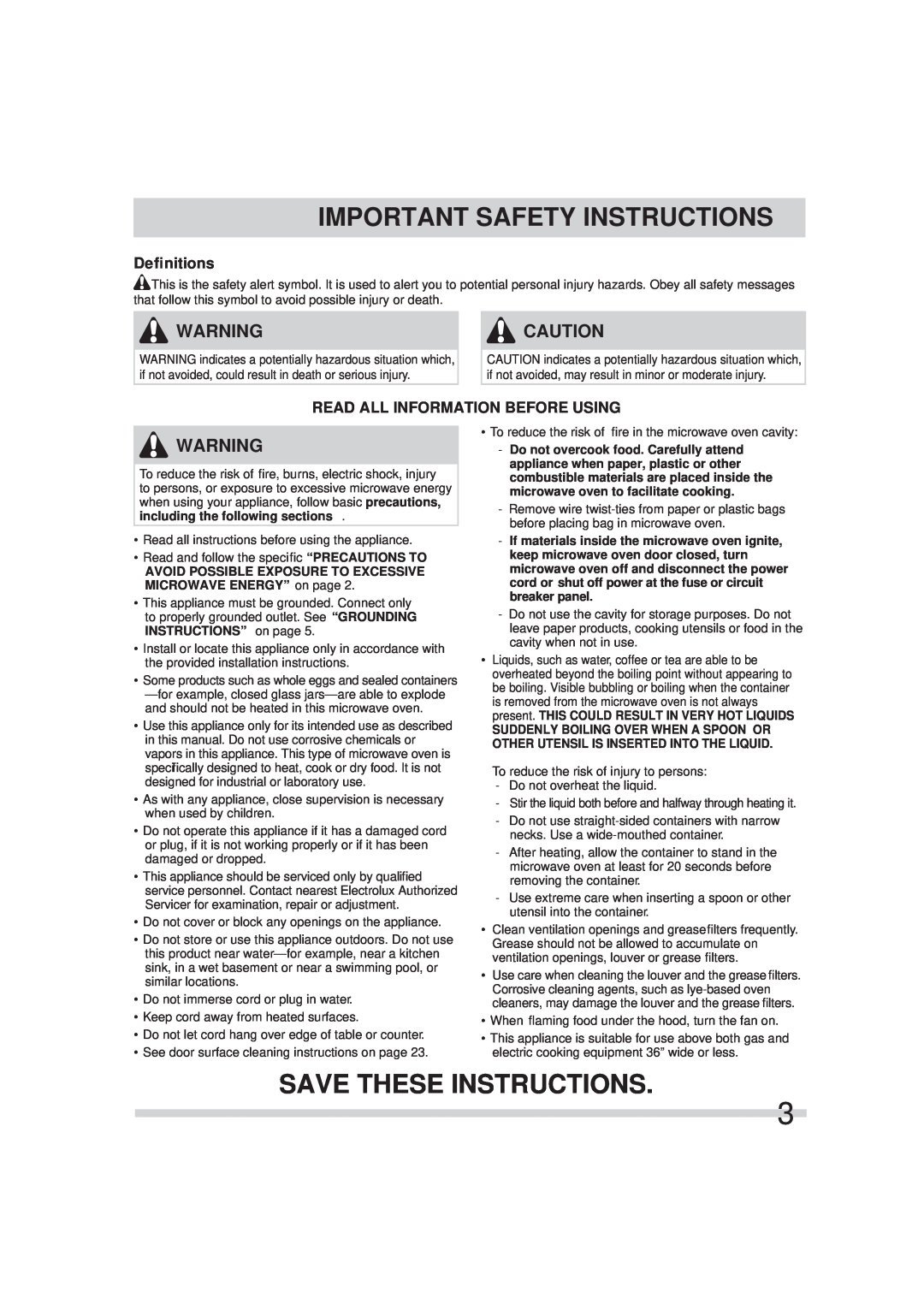 Frigidaire FFMV154CLS, FFMV152CLB, FFMV152CLW Save These Instructions, Deﬁnitions, Read All Information Before Using 