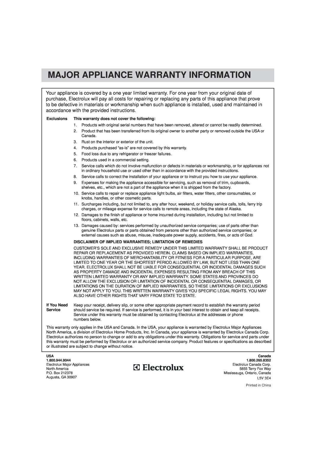 Frigidaire FFMV152CLB, FFMV154CLS, FFMV152CLW important safety instructions Major Appliance Warranty Information 