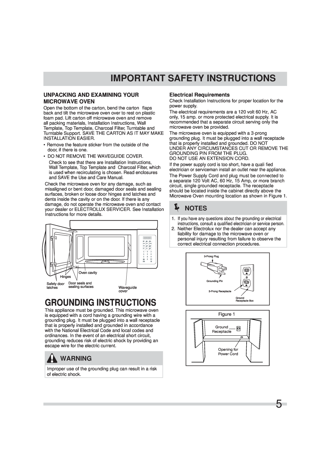 Frigidaire FFMV152CLW Grounding Instructions, Unpacking And Examining Your Microwave Oven, Important Safety Instructions 
