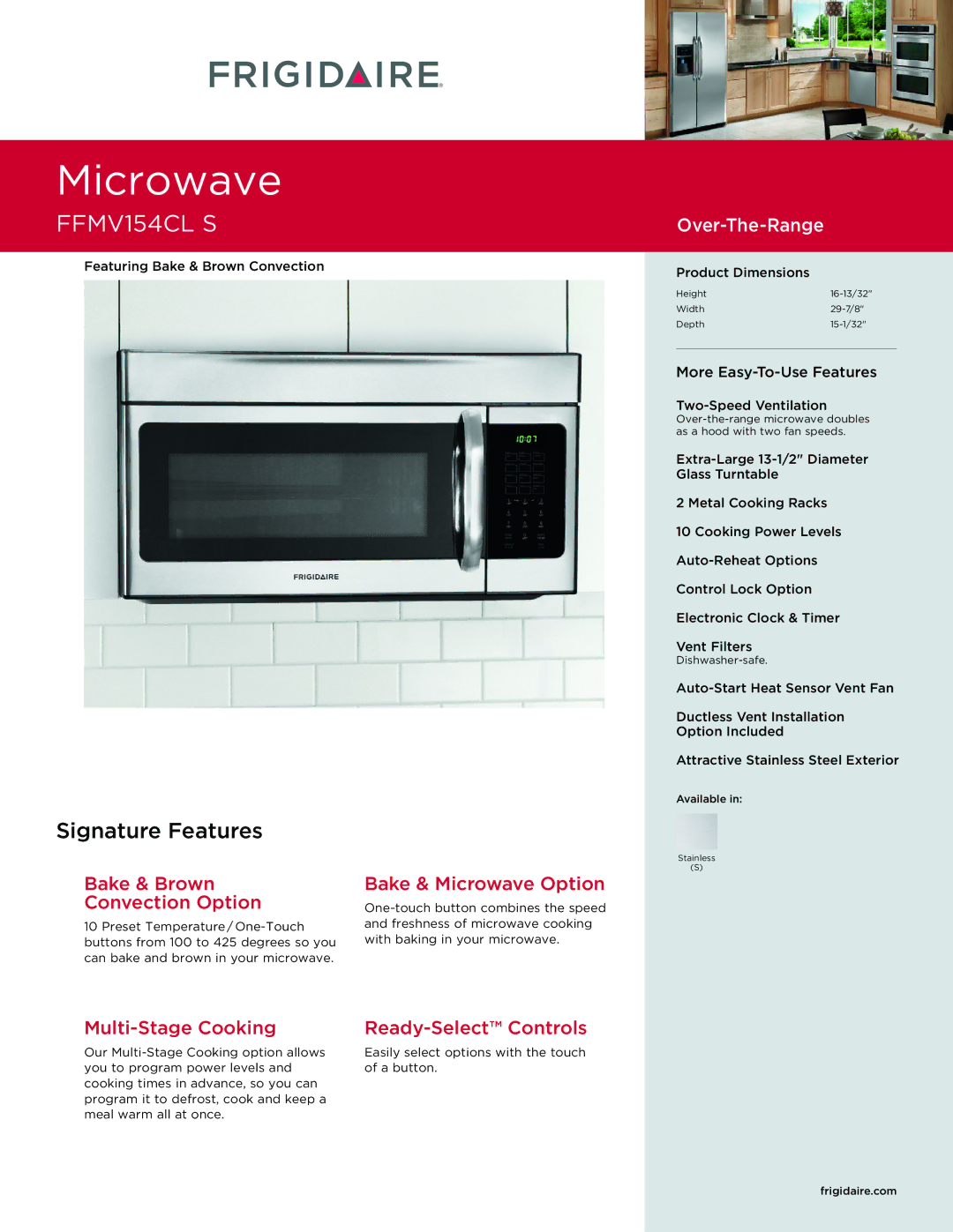 Frigidaire FFMV154CLS dimensions Bake & Brown Convection Option, Bake & Microwave Option 