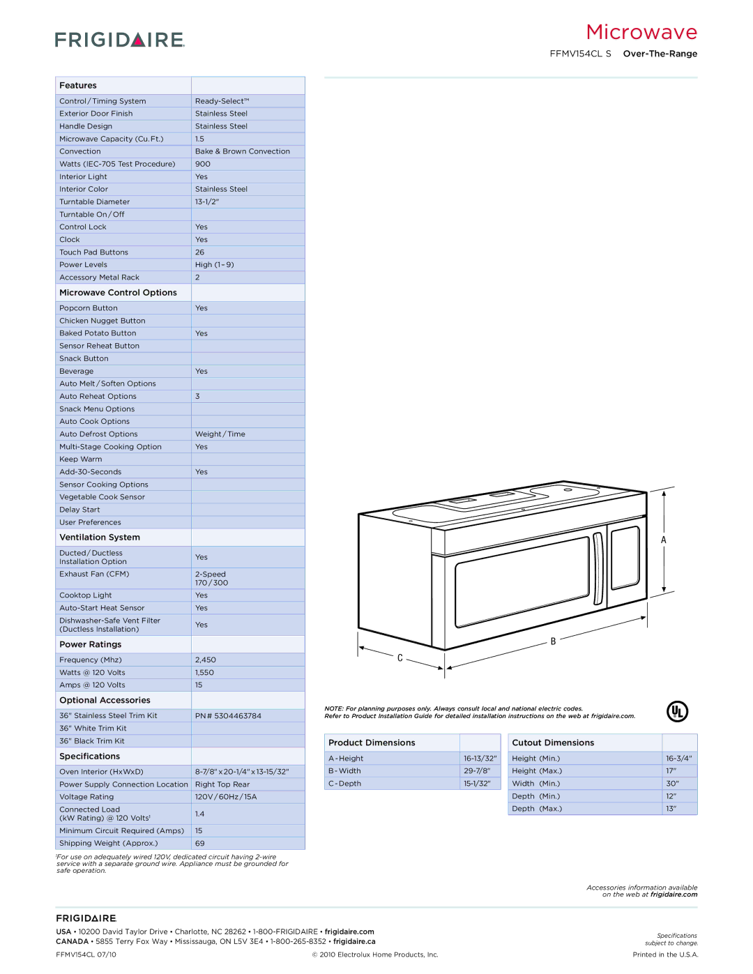 Frigidaire FFMV154CLS Features, Microwave Control Options, Ventilation System, Power Ratings, Optional Accessories 