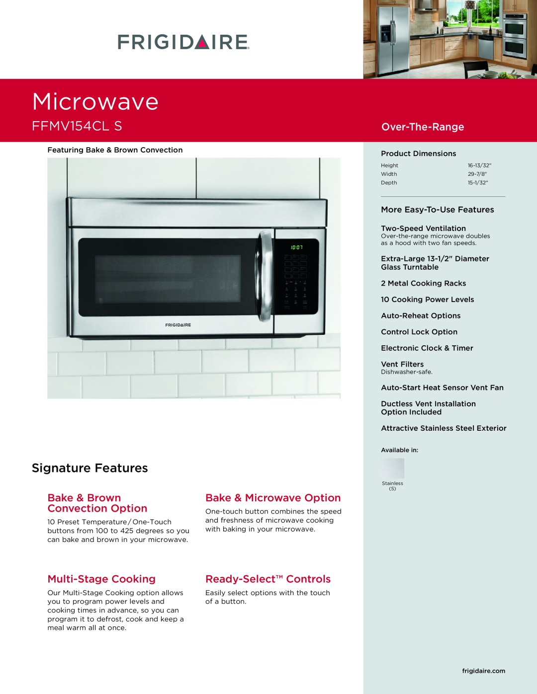 Frigidaire FFMV154CLS dimensions MicrowaveDrop-InCooktop, FFMV154CLPEC3085K S, Signature Features, Bake & Microwave Option 