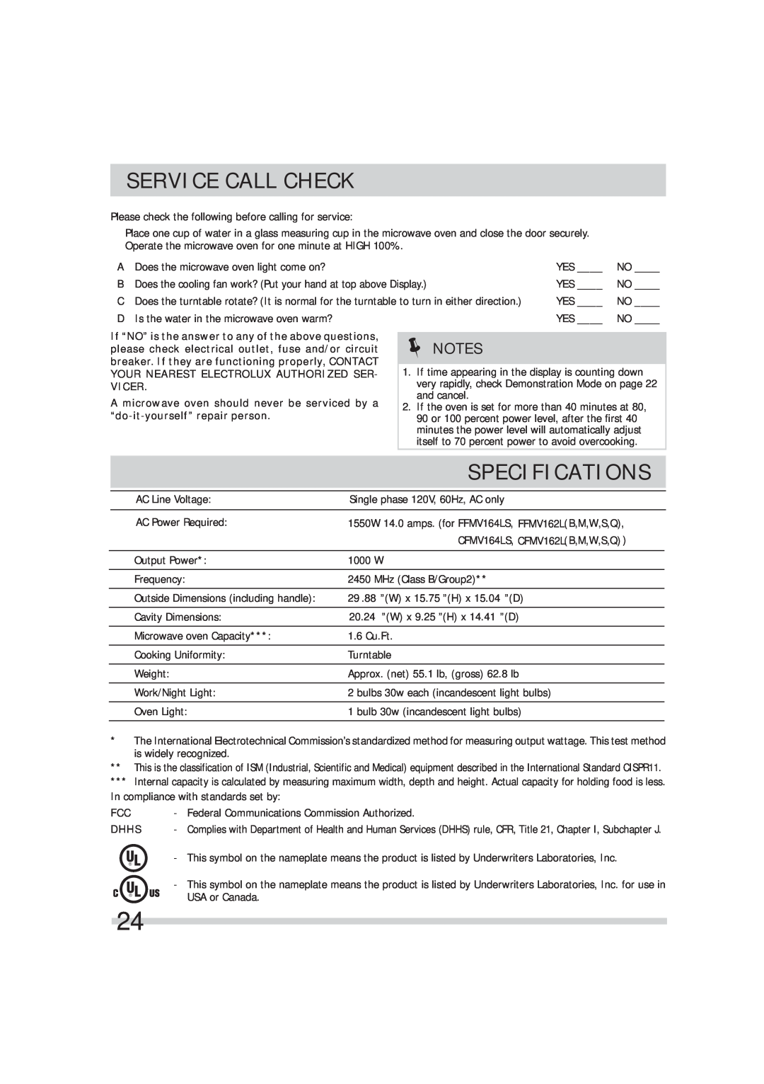 Frigidaire FFMV162LW Service Call Check, Specifications, Your Nearest Electrolux Authorized Ser, Vicer, and cancel, Dhhs 