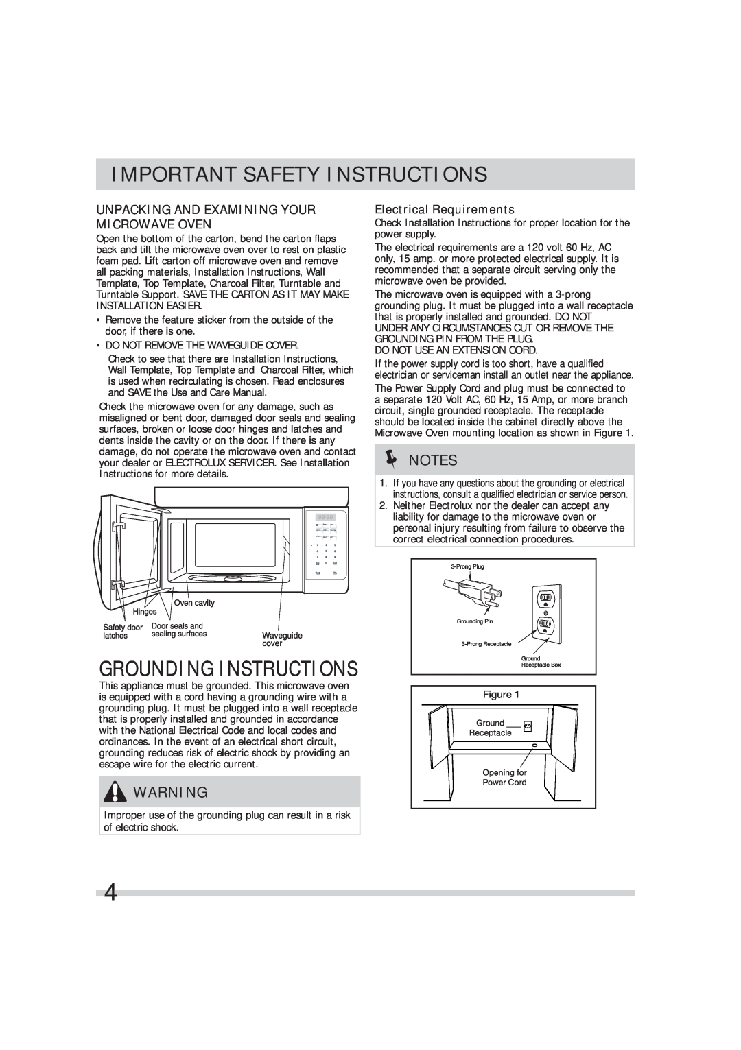 Frigidaire FFMV162LM Grounding Instructions, Unpacking And Examining Your Microwave Oven, Important Safety Instructions 