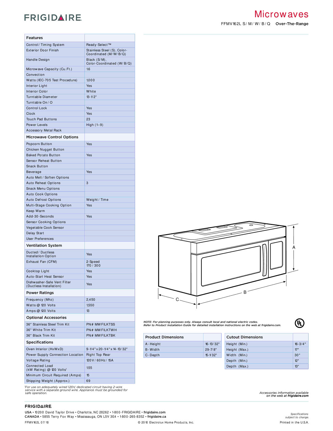 Frigidaire FFMV162Q, FFMV162M Features, Microwave Control Options, Ventilation System, Power Ratings, Optional Accessories 