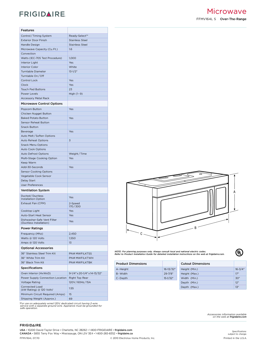 Frigidaire FFMV164L S Features, Microwave Control Options, Ventilation System, Power Ratings, Optional Accessories 