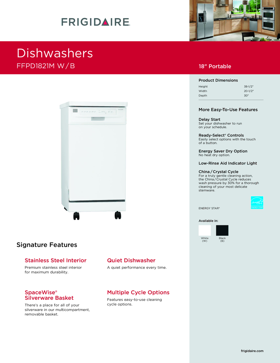 Frigidaire FFPD1821M W/B dimensions Product Dimensions, Delay Start, Ready-Select Controls, Energy Saver Dry Option 