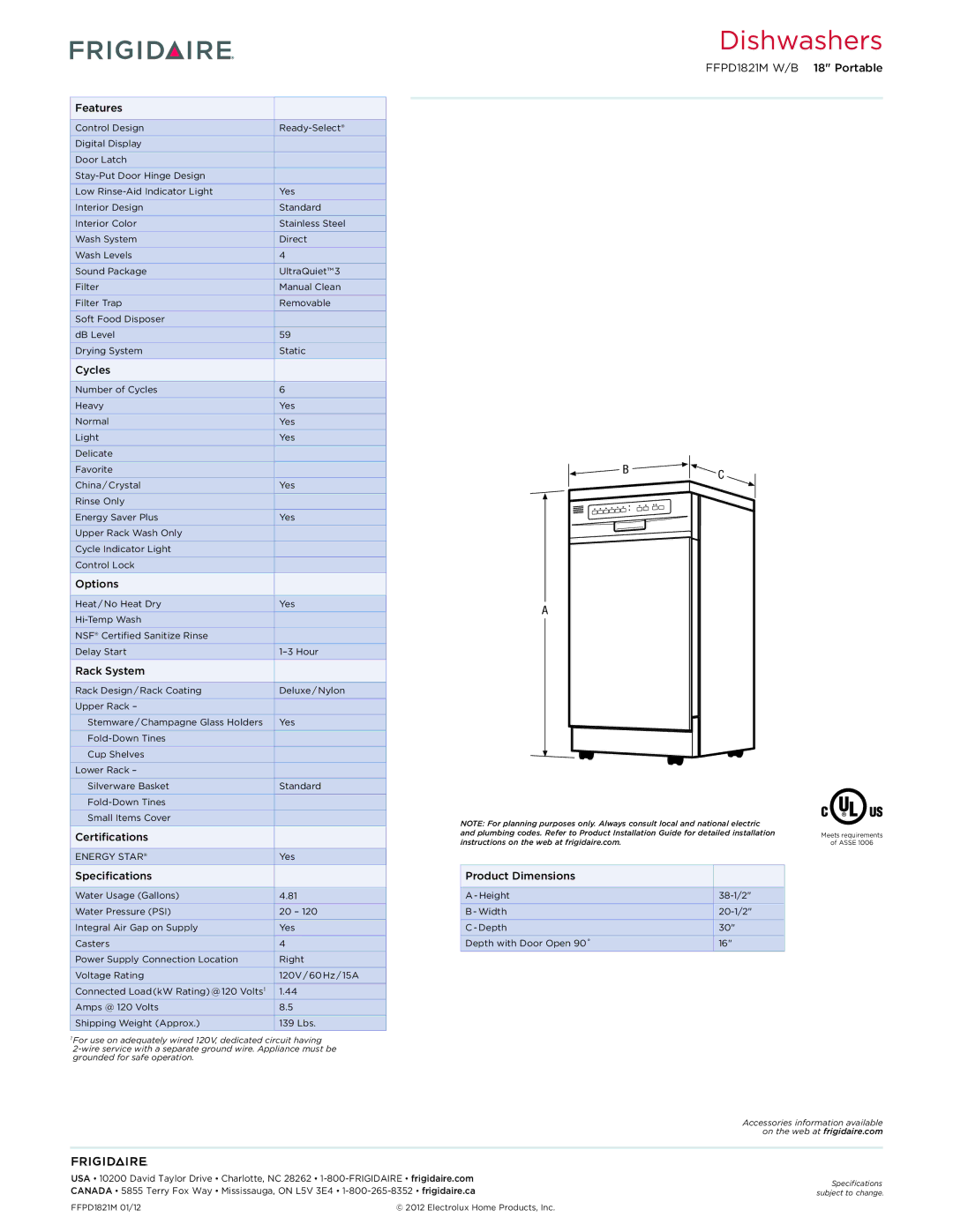 Frigidaire FFPD1821M W/B Features, Cycles, Options, Rack System, Certifications, Specifications, Product Dimensions 