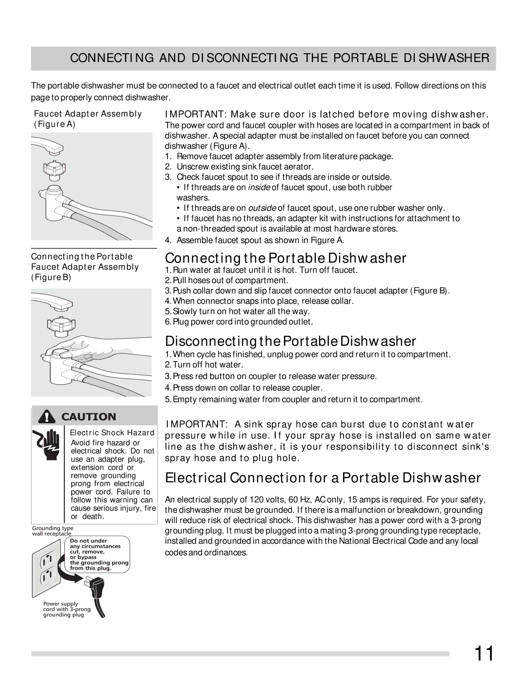 Frigidaire FFBD1821MS, FFPD1821MW Connecting the Portable Dishwasher, Connecting and Disconnecting the Portable Dishwasher 