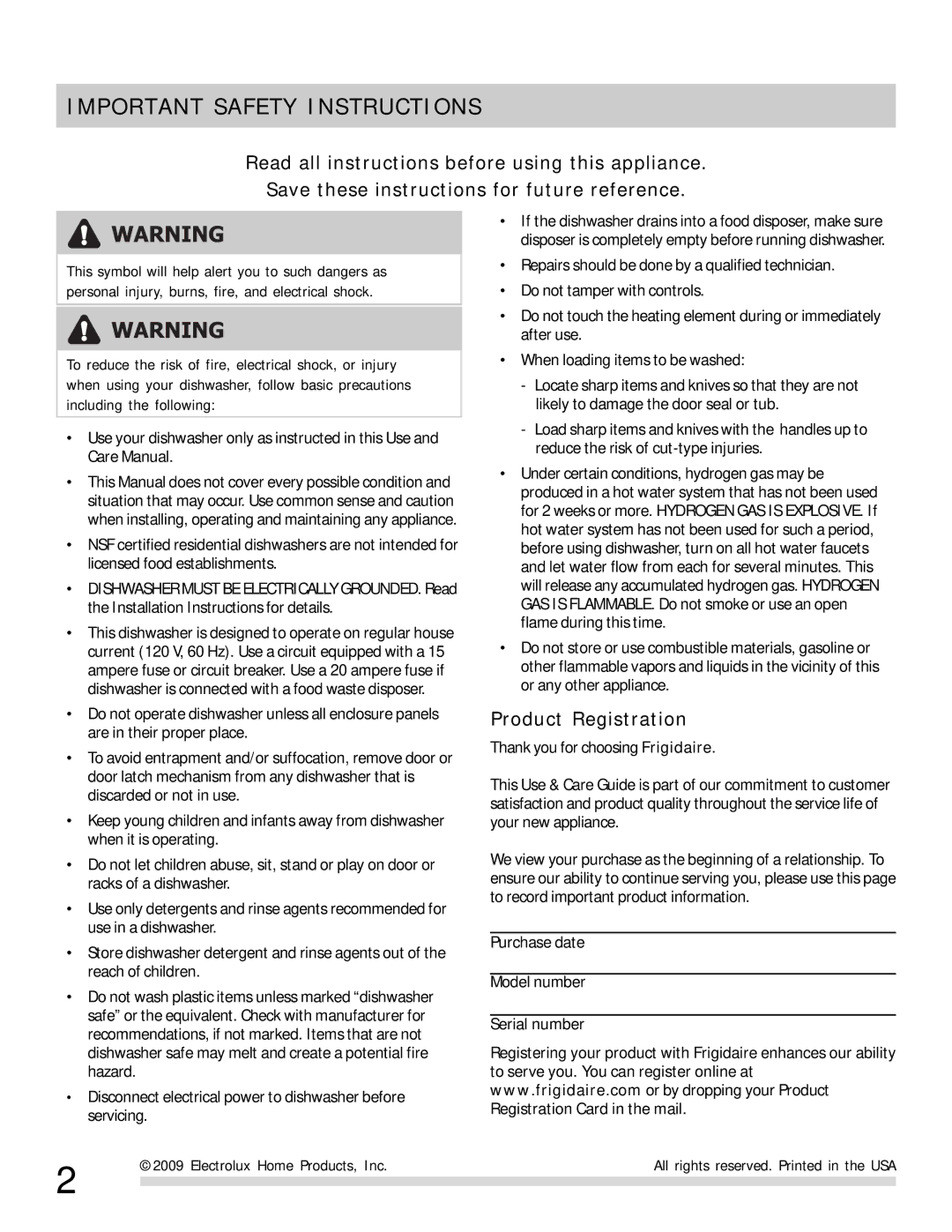 Frigidaire FFBD1821MW, FFPD1821MW, FFPD1821MB, 675000612098, FFBD1821MB Important Safety Instructions, Product Registration 