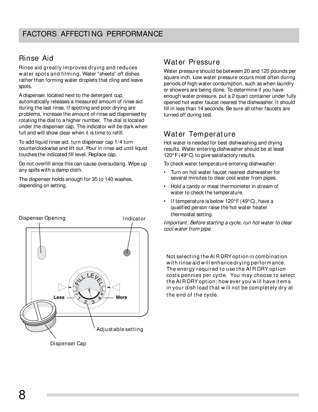 Frigidaire FFBD1821MW, FFPD1821MW, FFPD1821MB Factors Affecting Performance, Rinse Aid, Water Pressure, Water Temperature 