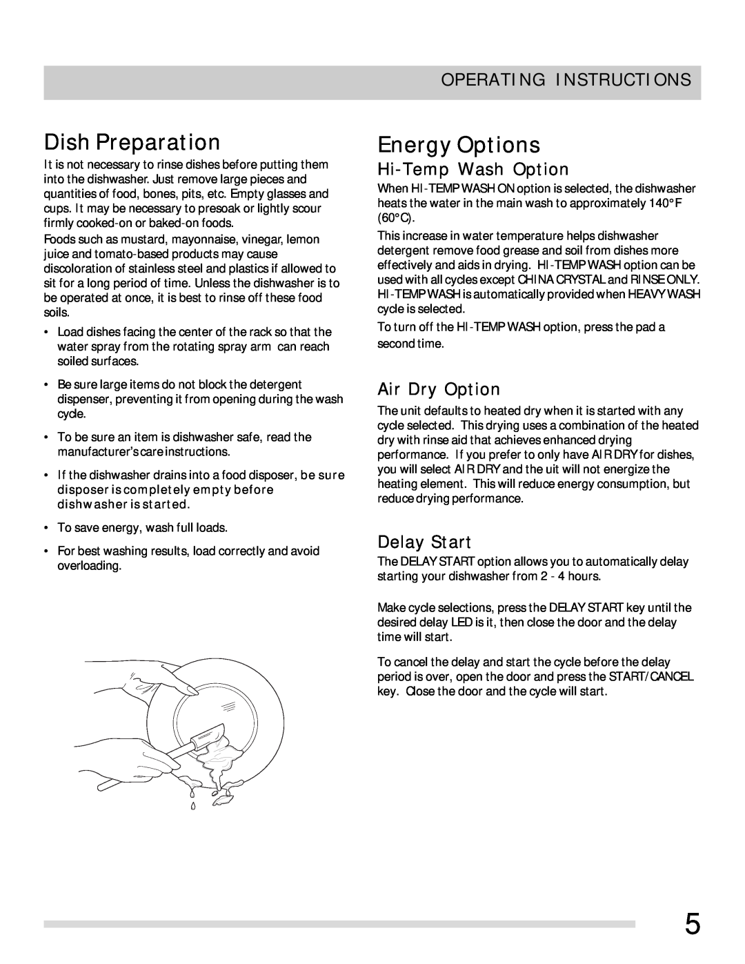 Frigidaire FFBD1821MS, FFPD1821MW Dish Preparation, Energy Options, Hi-Temp Wash Option, Air Dry Option, Delay Start 