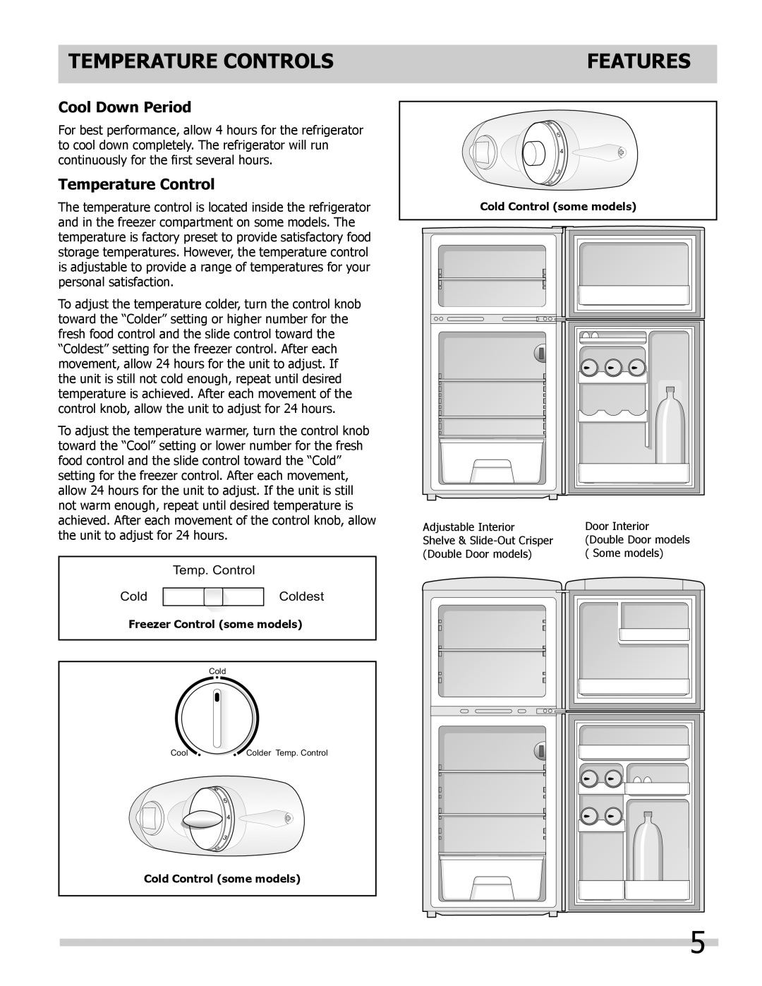 Frigidaire FFPH44M4LB Cool Down Period, Temperature Control, Freezer Control some models, Cold Control some models 