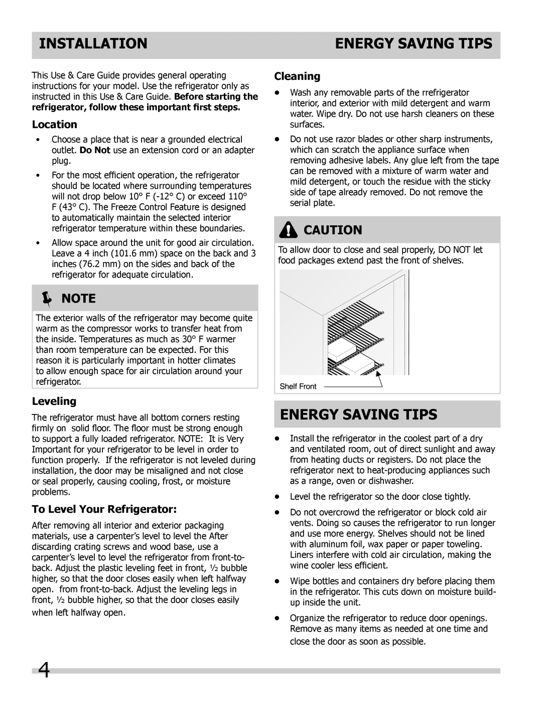Frigidaire 241607805 Installation, Energy Saving Tips,  Note, Location, Leveling, To Level Your Refrigerator, Cleaning 