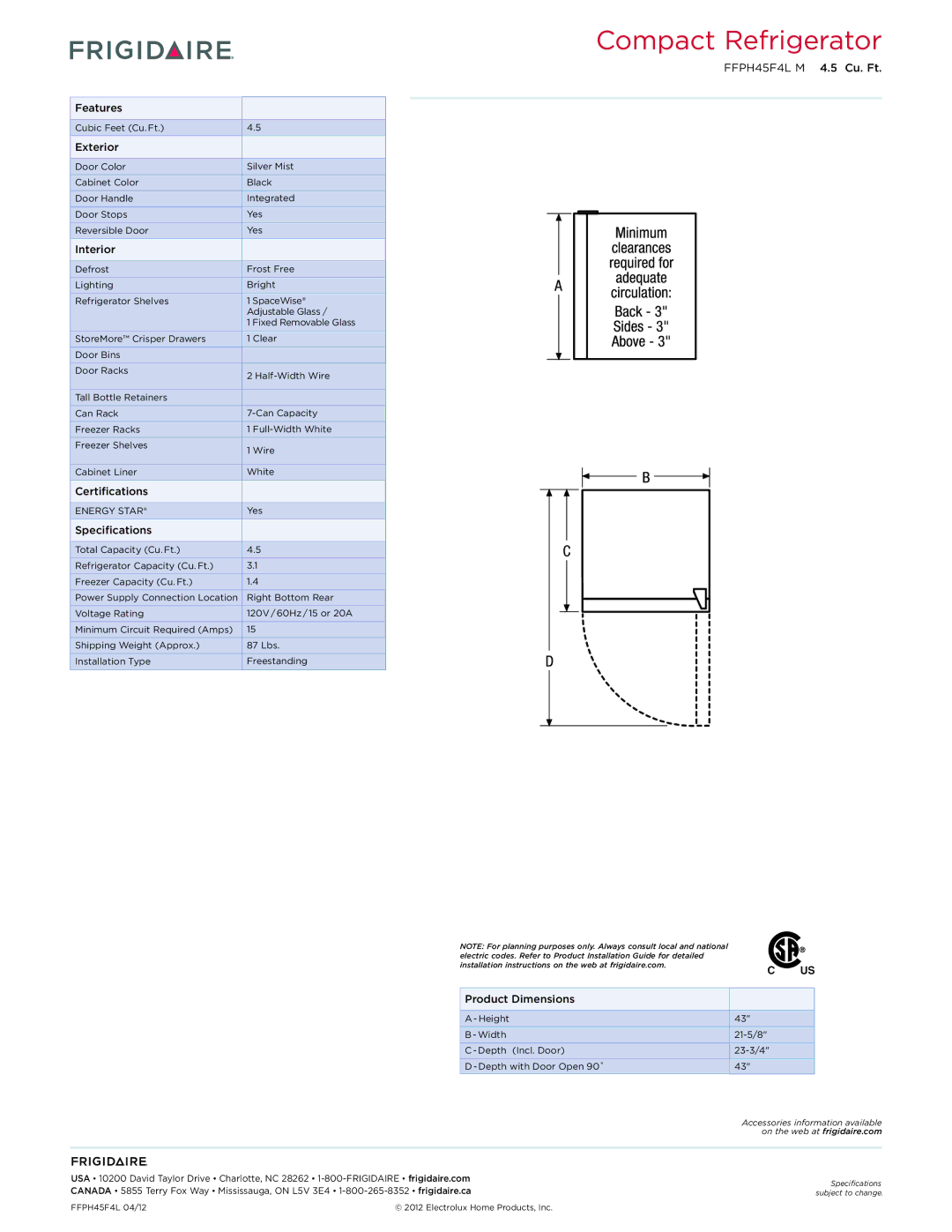 Frigidaire FFPH45F4LM dimensions Features, Exterior, Interior, Certifications, Specifications, Product Dimensions 