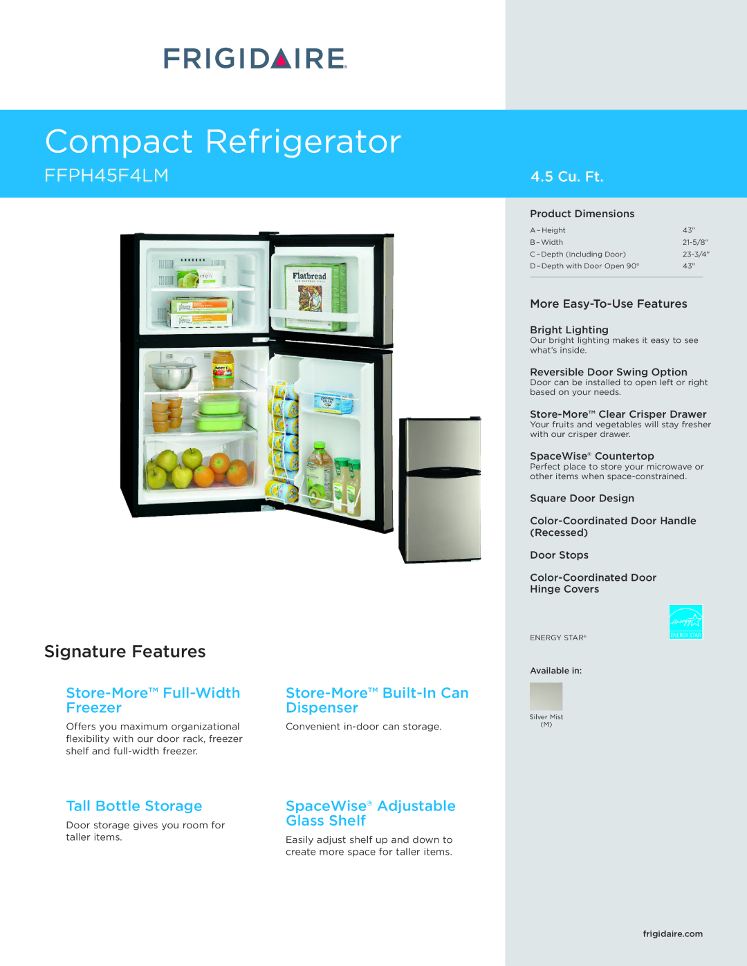 Frigidaire FFPH45F4LM dimensions Our bright lighting makes it easy to see what’s inside, Available, Frigidaire.com 