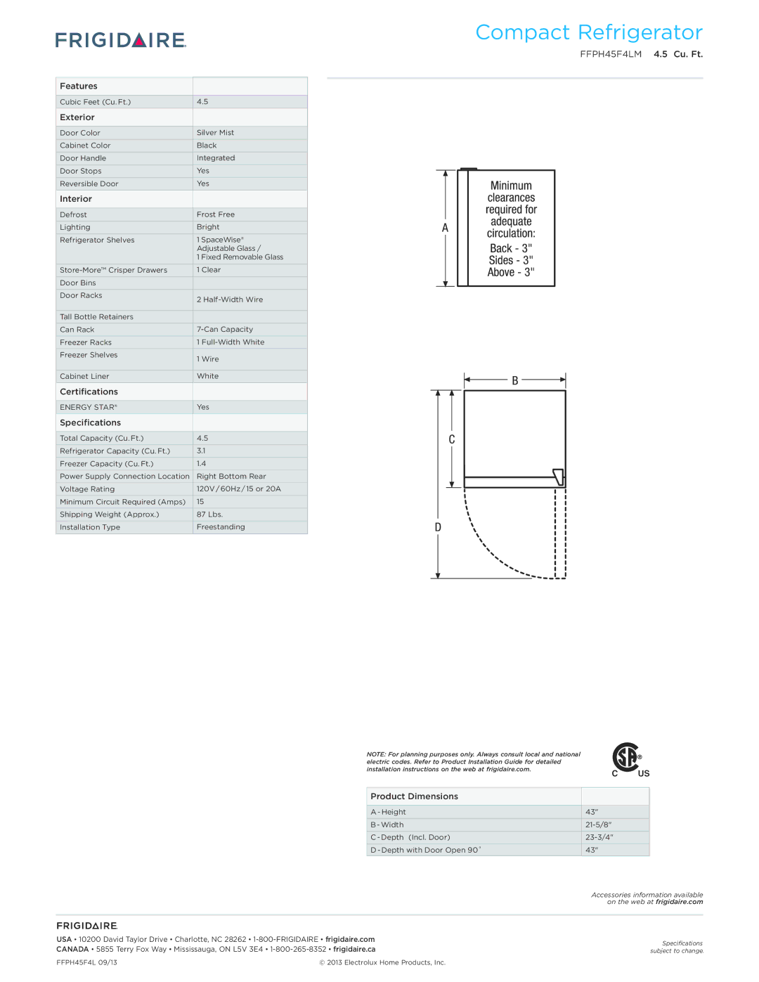 Frigidaire FFPH45F4LM dimensions Features, Exterior, Interior, Certifications, Specifications, Product Dimensions 