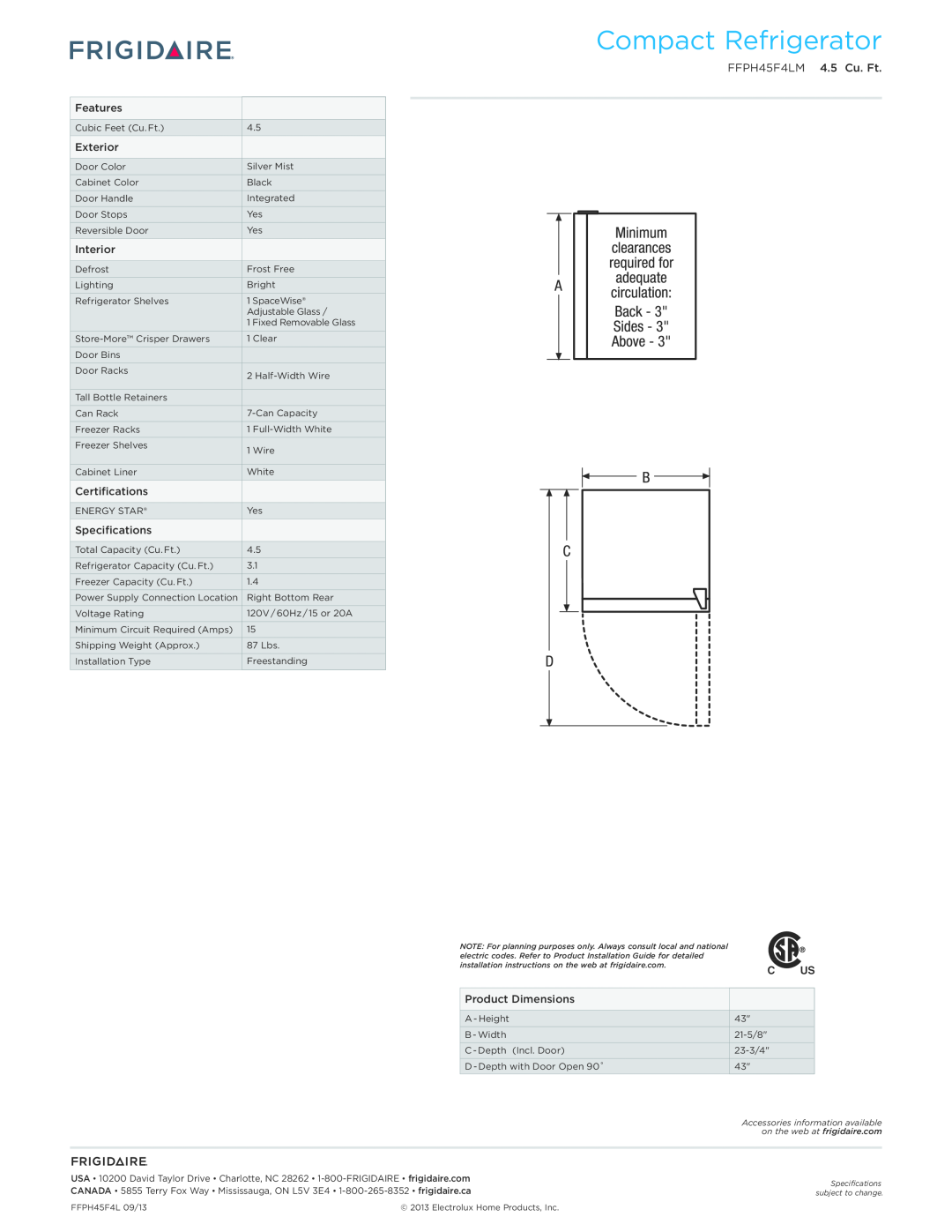 Frigidaire dimensions Compact Refrigerator, FFPH45F4LM 4.5 Cu. Ft 