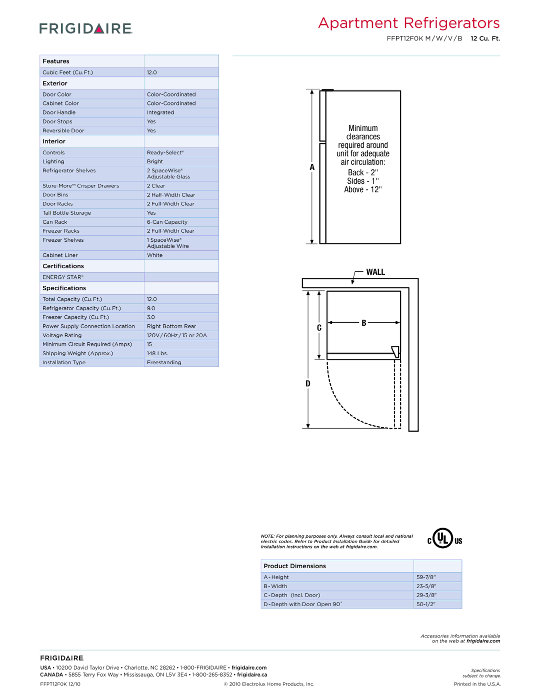 Frigidaire FFPT12F0K dimensions Minimum Clearances, Air circulation Back Sides Above, Required around unit for adequate 