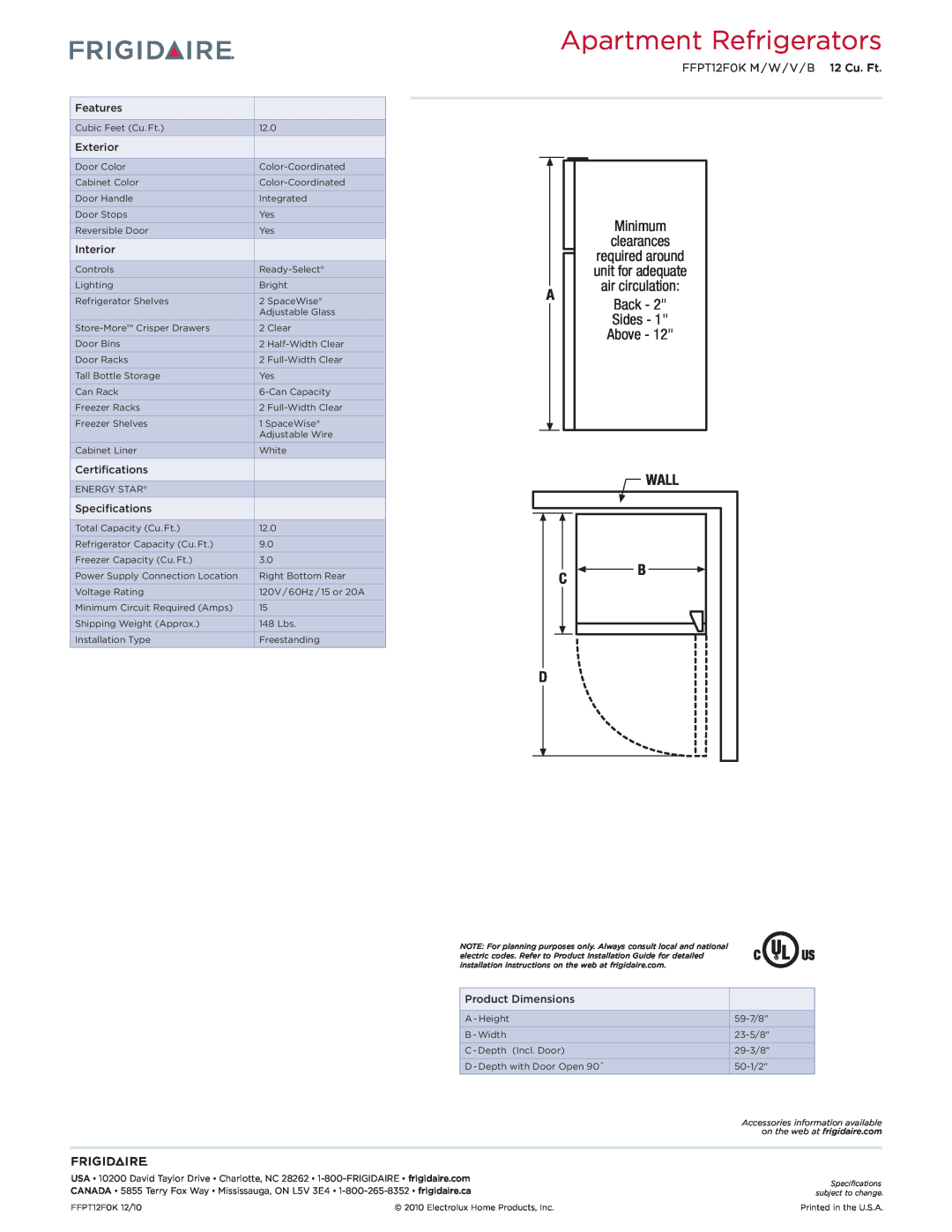 Frigidaire FFPT12F0K Minimum clearances, Aair circulation Back - Sides - Above, Apartment Refrigerators, Wall, Features 