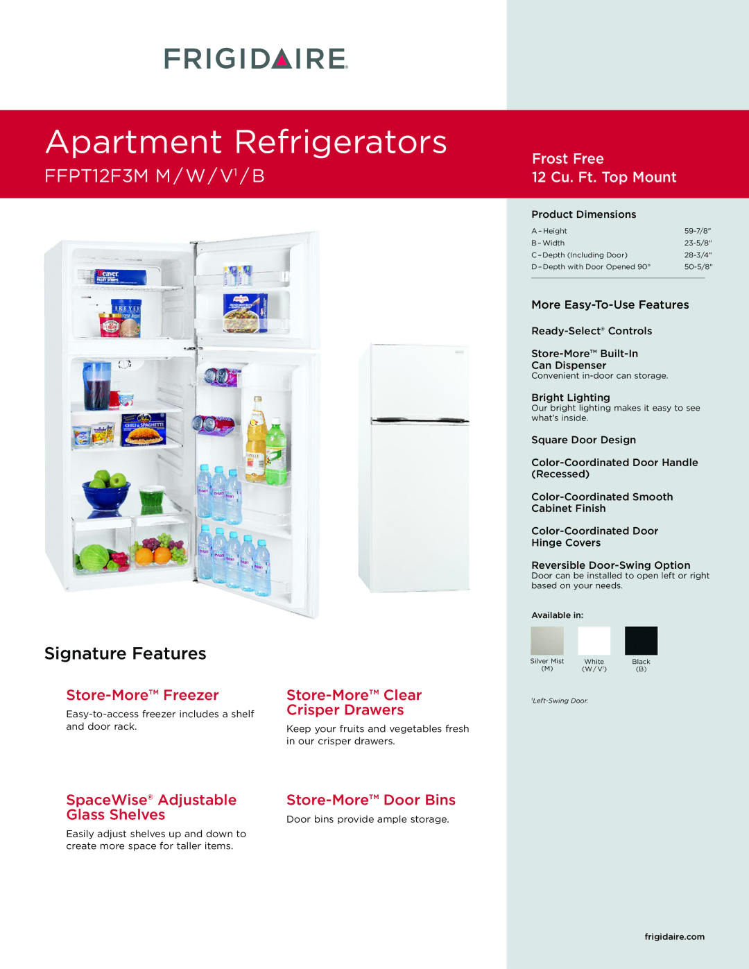 Frigidaire FFPT12F3M dimensions Product Dimensions, Ready-Select Controls Store-More Built-In Can Dispenser 