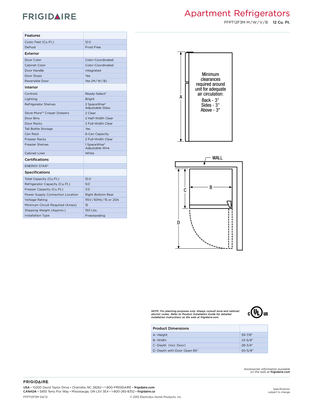 Frigidaire FFPT12F3M dimensions Features, Exterior, Interior, Certifications, Specifications, Product Dimensions 