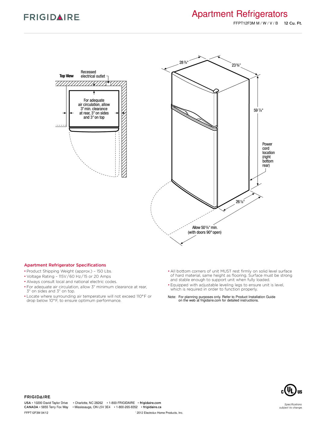 Frigidaire FFPT12F3M dimensions Apartment Refrigerator Specifications 