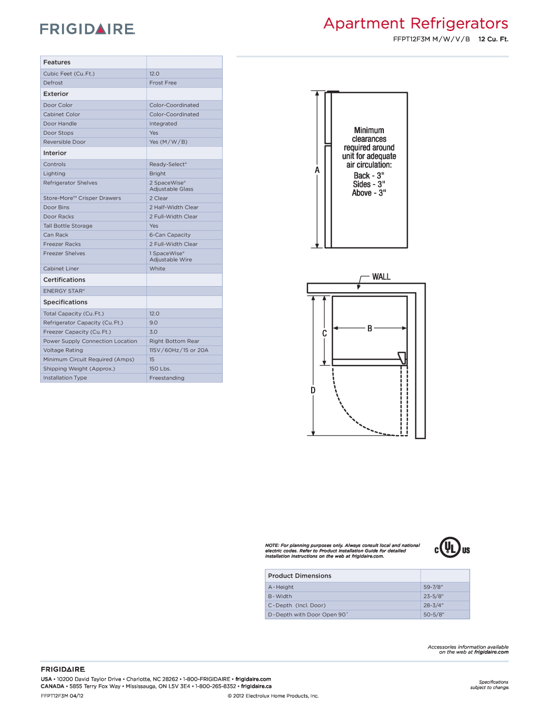 Frigidaire FFPT12F3M dimensions Apartment Refrigerators, Features, Exterior, Interior, Certifications, Specifications 
