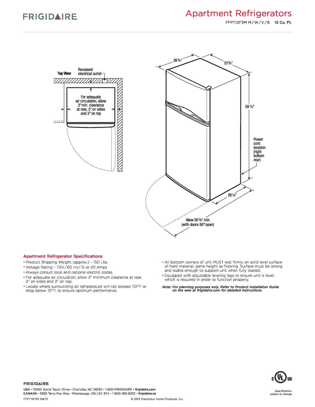 Frigidaire FFPT12F3M dimensions Apartment Refrigerators, Apartment Refrigerator Specifications 