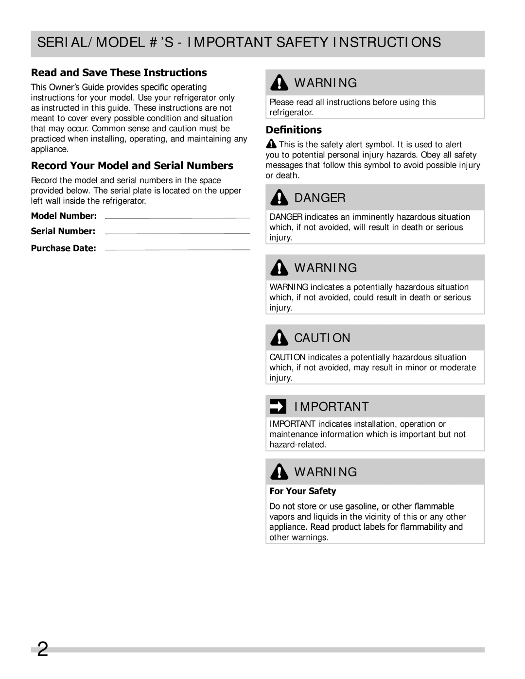 Frigidaire FFPT12F3MM SERIAL/MODEL #’S - Important Safety Instructions, Danger, Read and Save These Instructions 