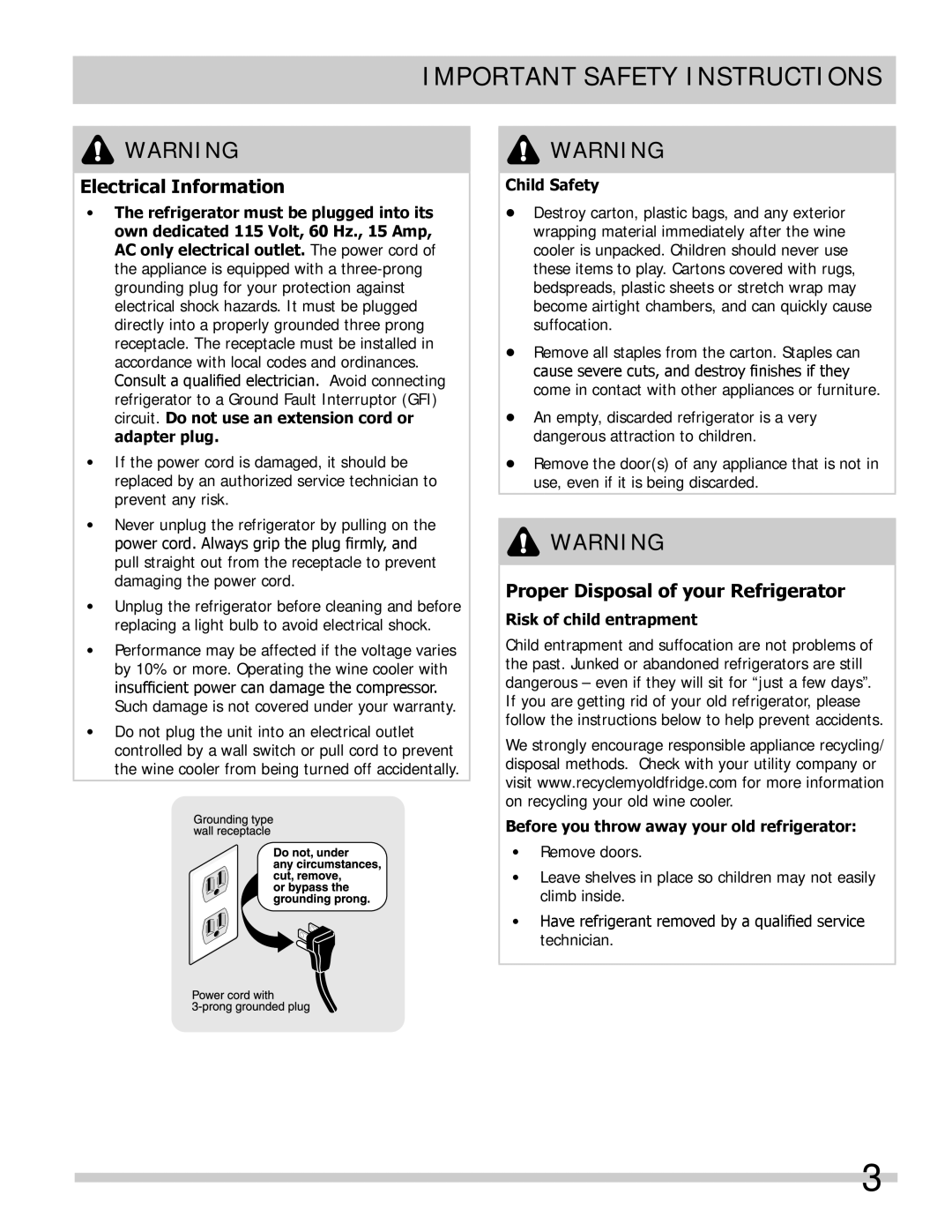 Frigidaire FFPT10F3MW Important Safety Instructions, Electrical Information, Proper Disposal of your Refrigerator 