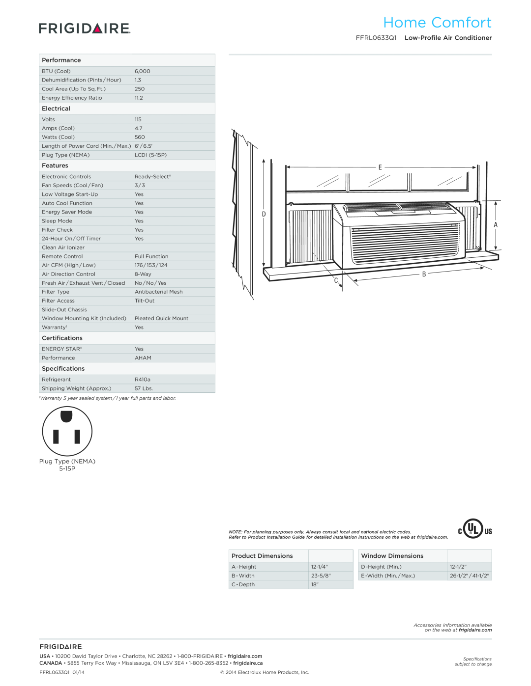 Frigidaire dimensions Home Comfort, FFRL0633Q1 Low-Profile Air Conditioner, Plug Type NEMA 5-15P 