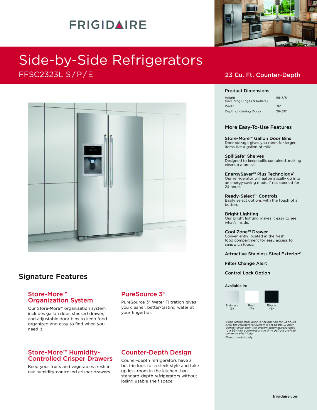 Frigidaire FFSC2323L dimensions Store-More Organization System, PureSource 