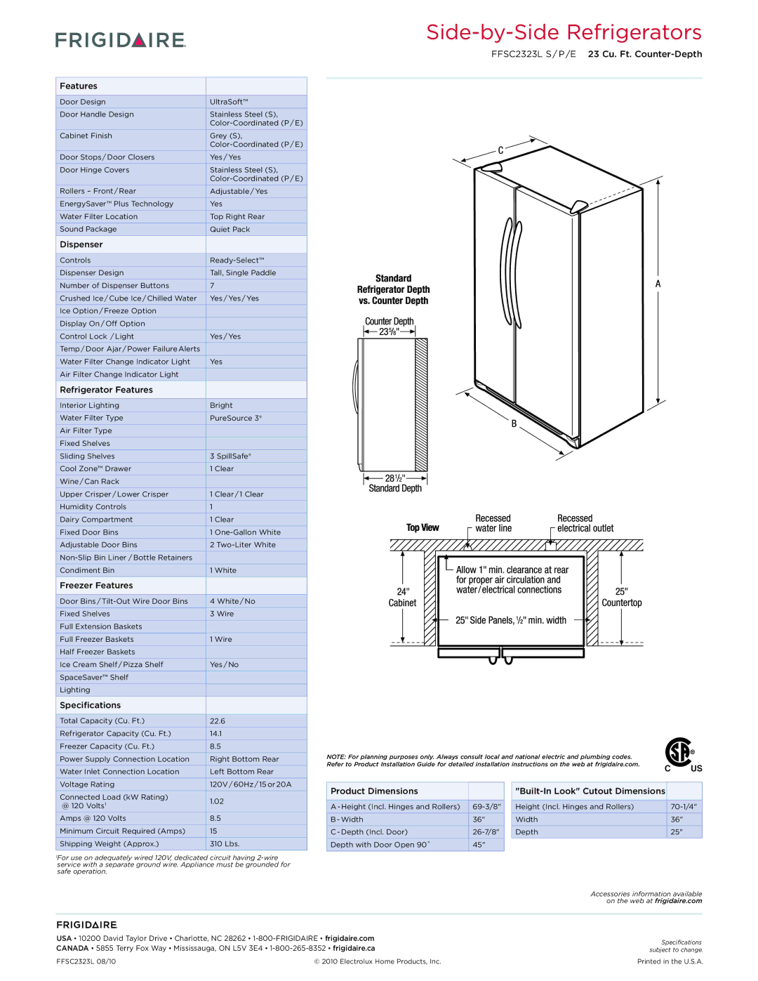 Frigidaire FFSC2323L dimensions Dispenser, Refrigerator Features, Freezer Features, Specifications 