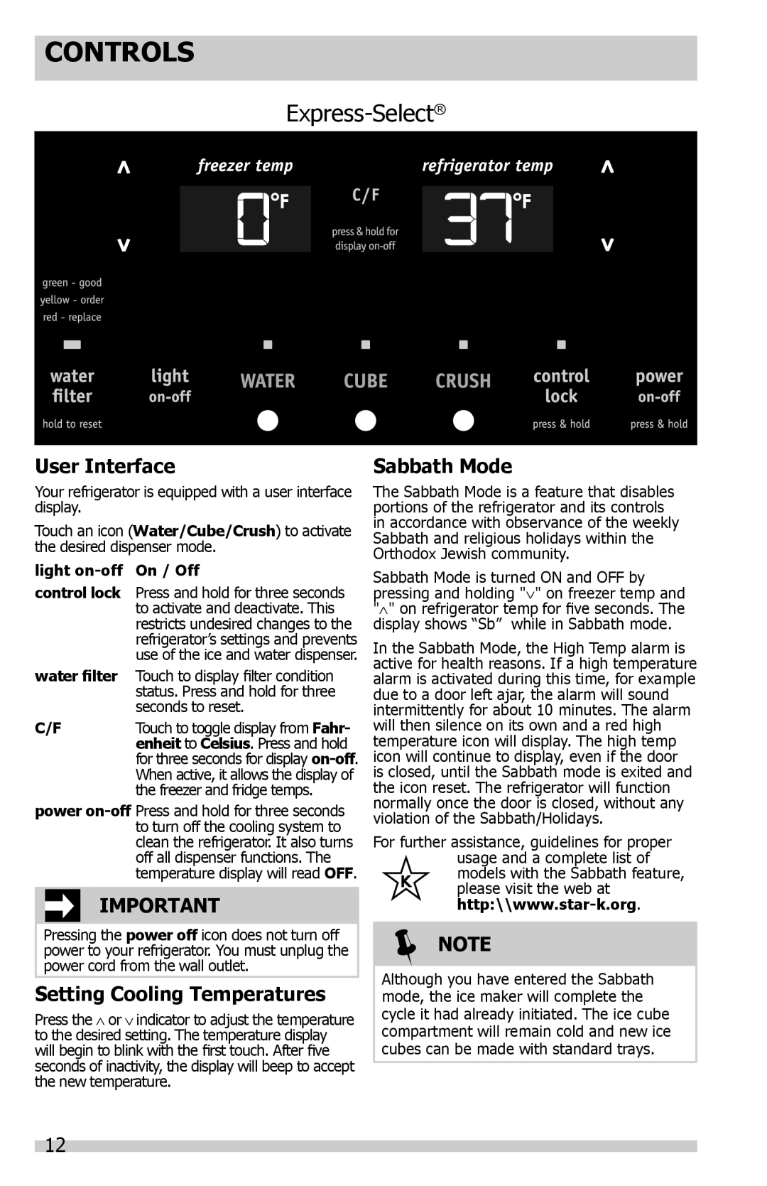 Frigidaire FFSC2323LS, FFSC2323LP, FFSC2323LE Controls, User Interface, Setting Cooling Temperatures, Sabbath Mode 