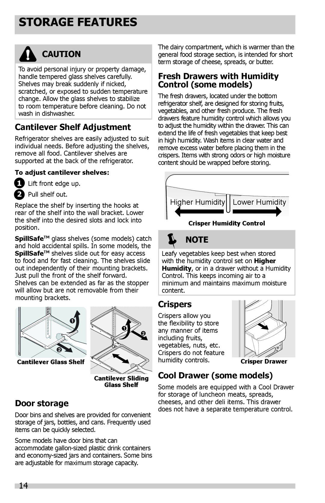 Frigidaire FFSC2323LE, FFSC2323LS, FFSC2323LP important safety instructions Storage Features 