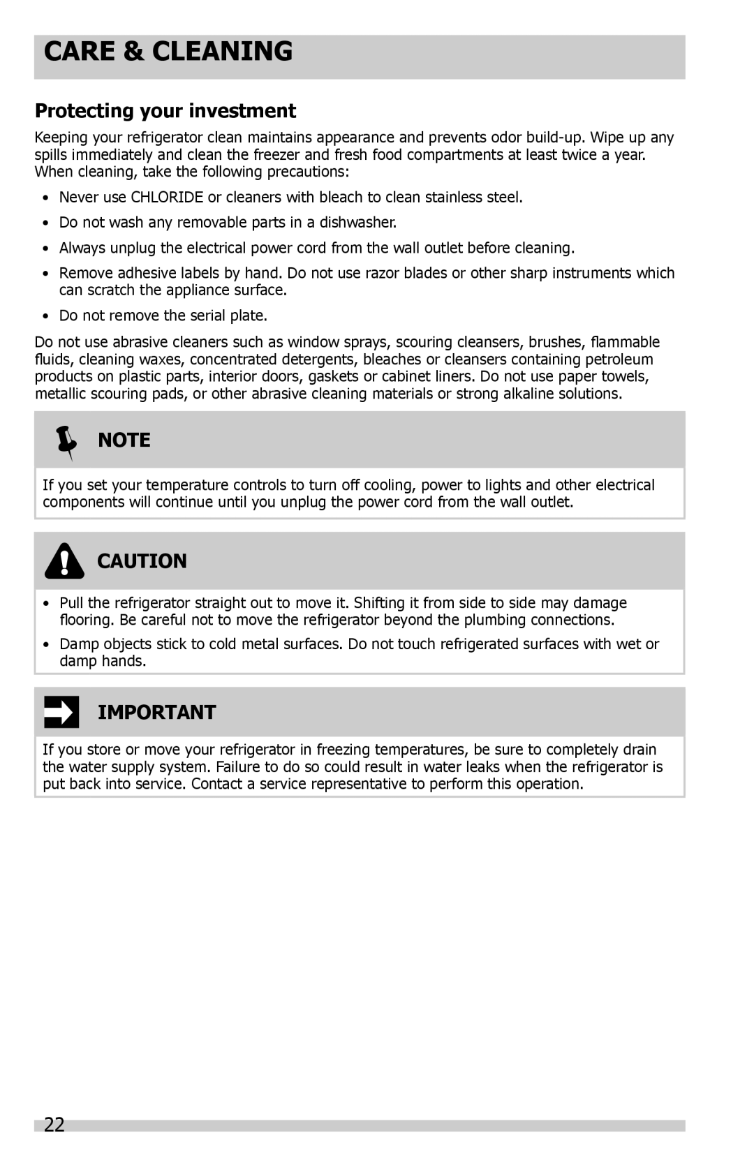 Frigidaire FFSC2323LP, FFSC2323LS, FFSC2323LE important safety instructions Care & Cleaning, Protecting your investment 