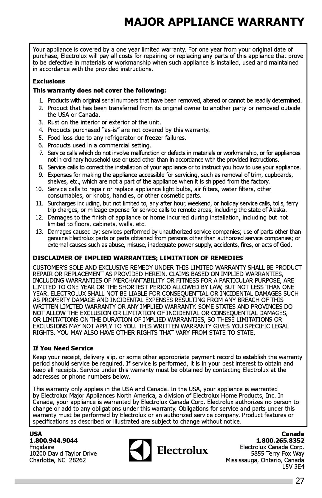 Frigidaire FFSC2323LS, FFSC2323LP Major Appliance Warranty, Exclusions This warranty does not cover the following 