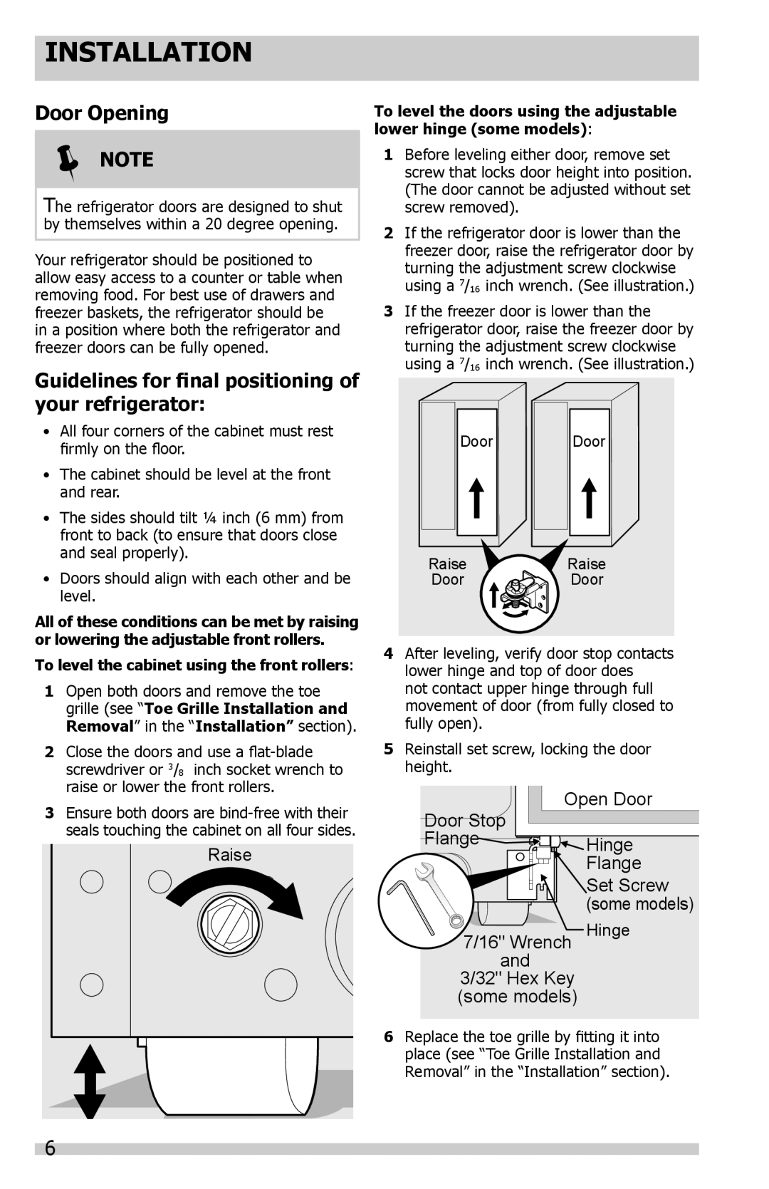 Frigidaire FFSC2323LS, FFSC2323LP, FFSC2323LE Door Opening, Guidelines for final positioning of your refrigerator 