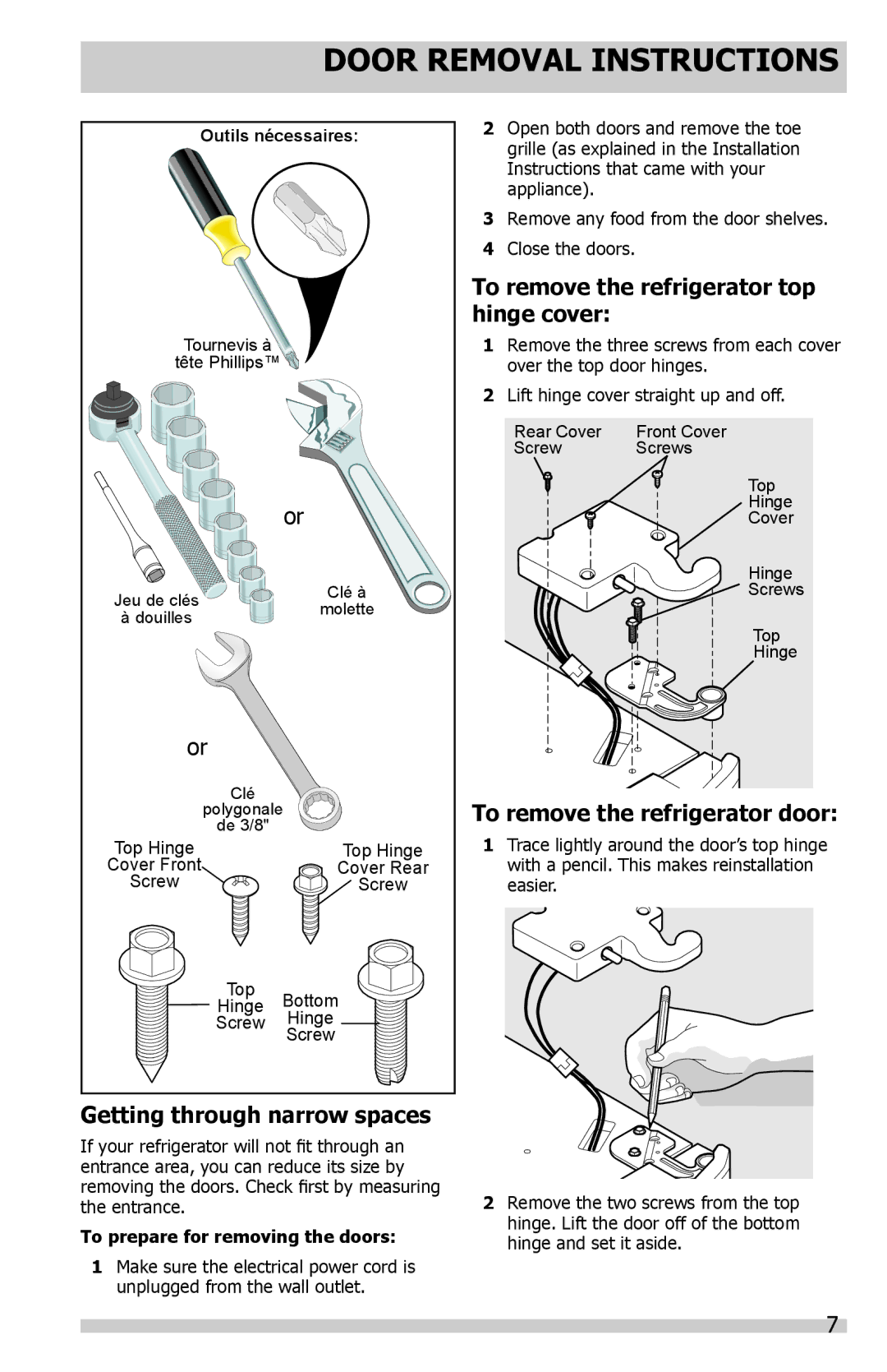 Frigidaire FFSC2323LP Door Removal Instructions, Getting through narrow spaces, To remove the refrigerator top hinge cover 