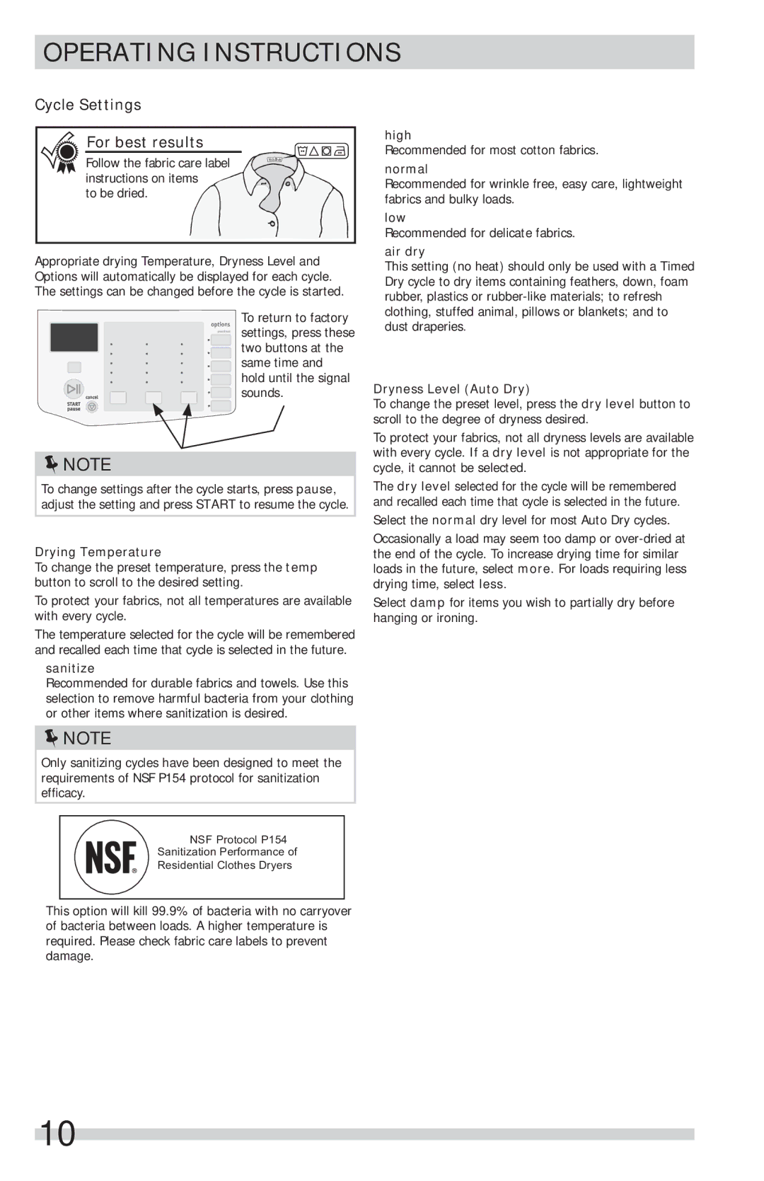 Frigidaire FFSG5115PA, FFSG5115PW important safety instructions Cycle Settings For best results 