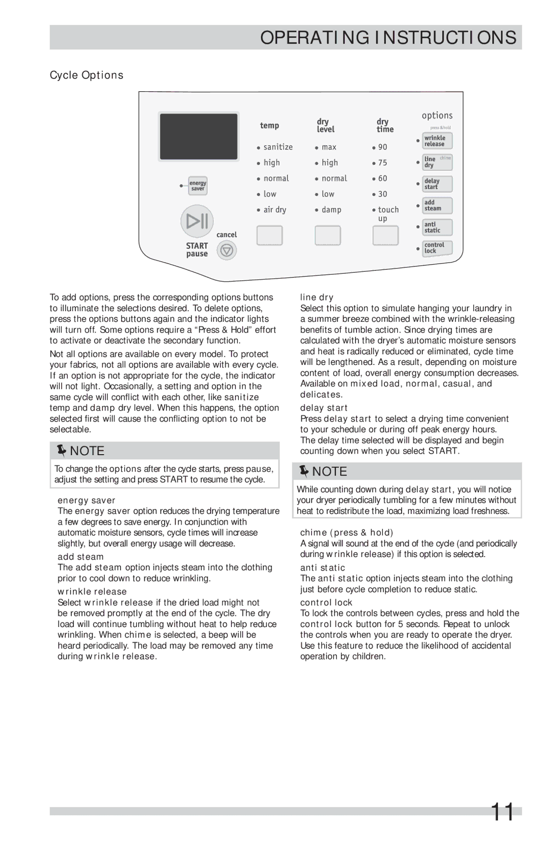 Frigidaire FFSG5115PW, FFSG5115PA important safety instructions Cycle Options 