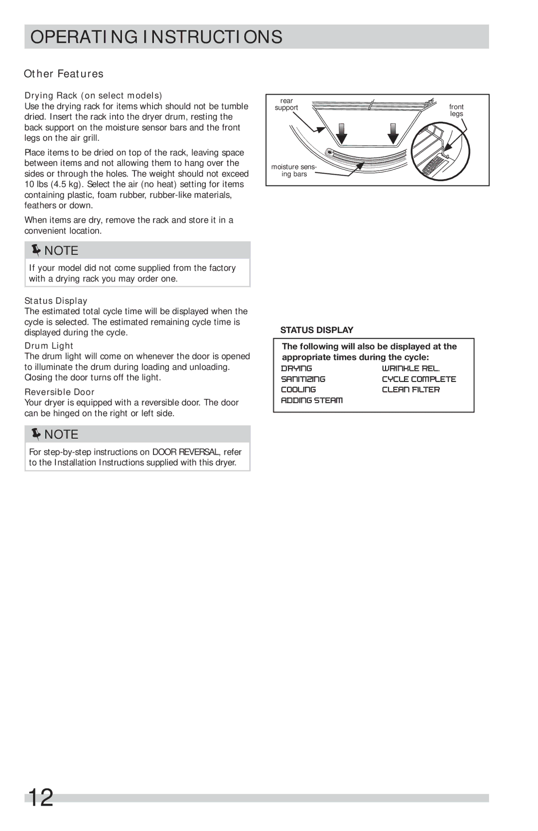 Frigidaire FFSG5115PA Other Features, Drying Rack on select models, Status Display, Drum Light, Reversible Door 