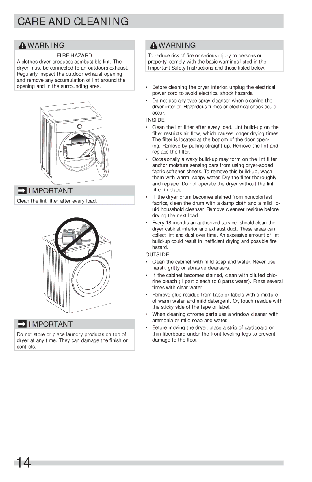 Frigidaire FFSG5115PA, FFSG5115PW important safety instructions Care and Cleaning, Inside 