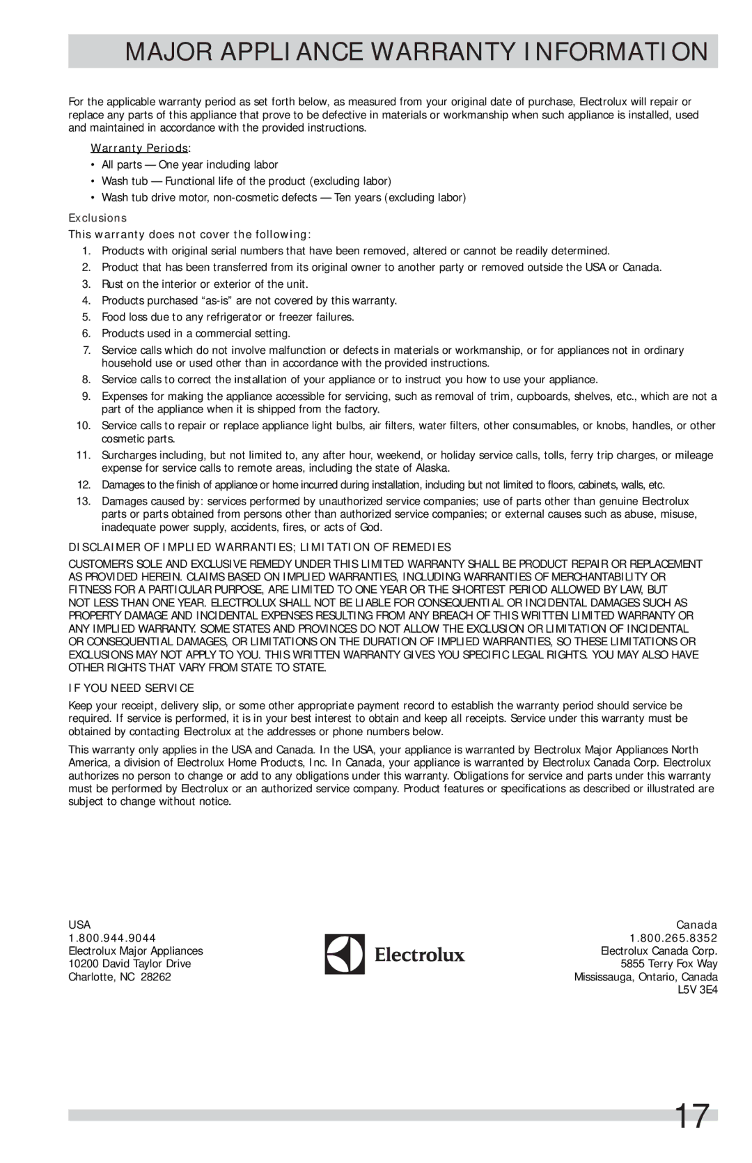 Frigidaire FFSG5115PW, FFSG5115PA important safety instructions Major Appliance Warranty Information, Warranty Periods 