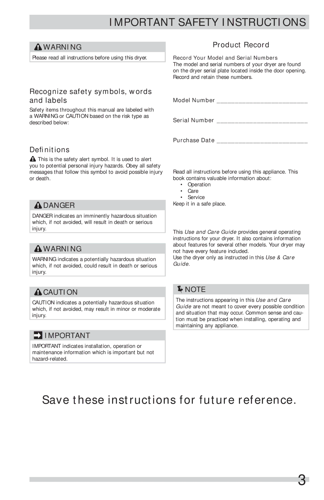 Frigidaire FFSG5115PW, FFSG5115PA Record Your Model and Serial Numbers, Model Number Serial Number Purchase Date 