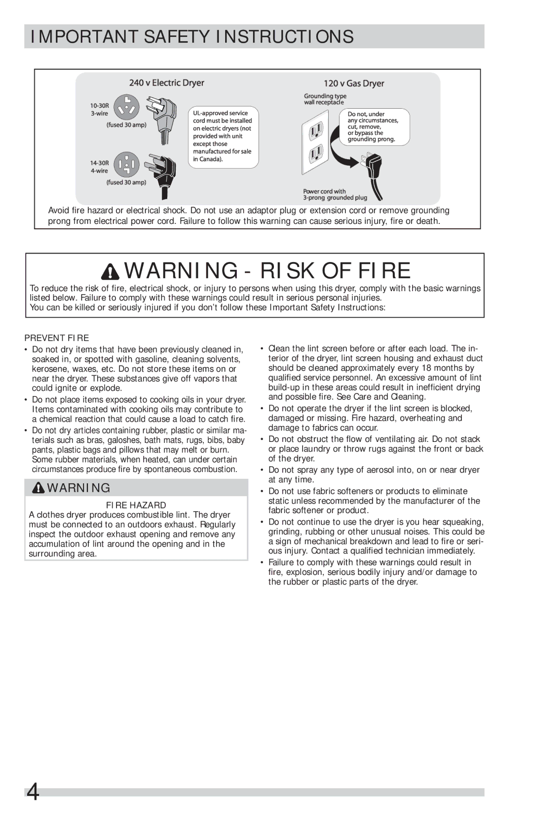 Frigidaire FFSG5115PA, FFSG5115PW important safety instructions Prevent Fire 