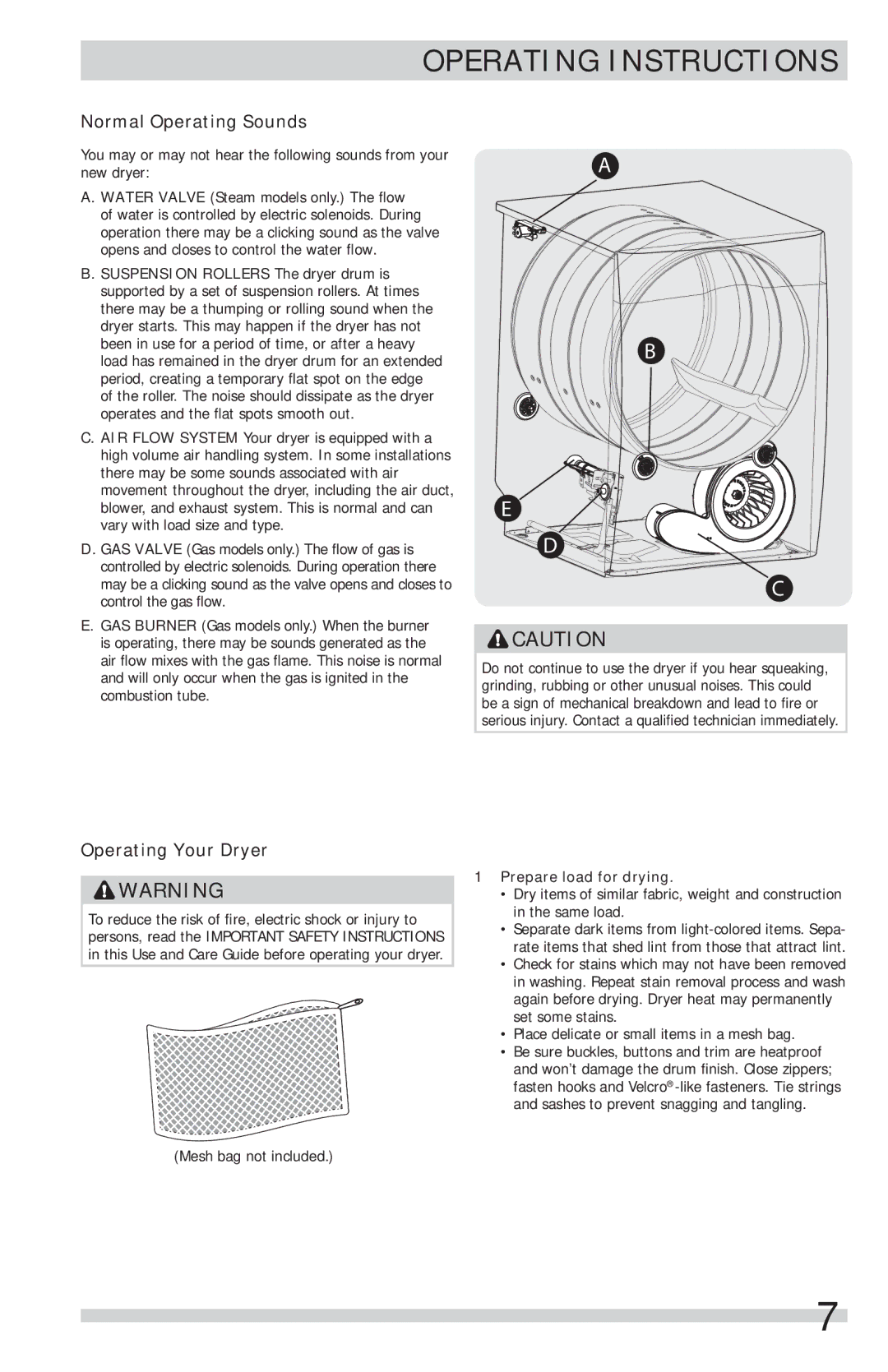 Frigidaire FFSG5115PW Operating Instructions, Normal Operating Sounds, Operating Your Dryer, Prepare load for drying 