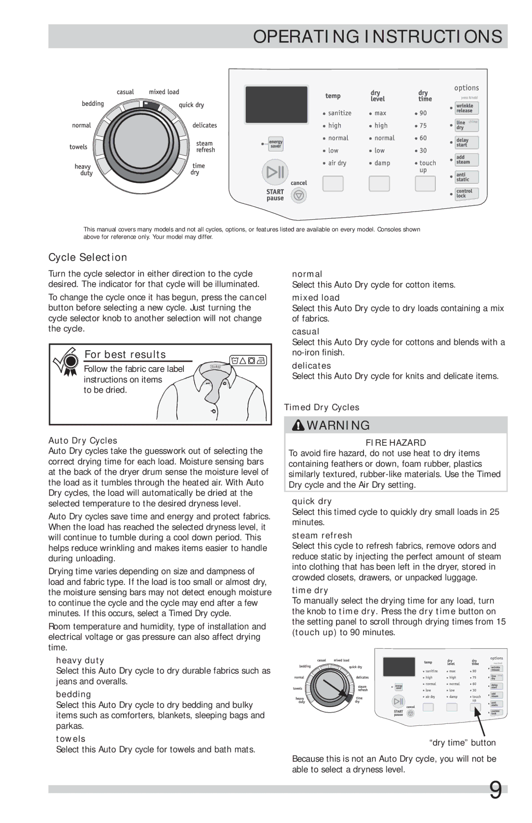 Frigidaire FFSG5115PW, FFSG5115PA important safety instructions Cycle Selection, For best results 