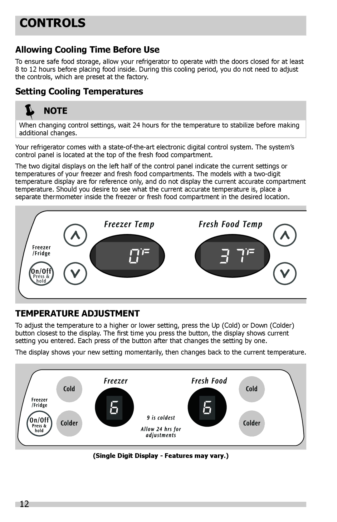 Frigidaire FFSS2614QP Controls, Allowing Cooling Time Before Use, Setting Cooling Temperatures, Temperature Adjustment 